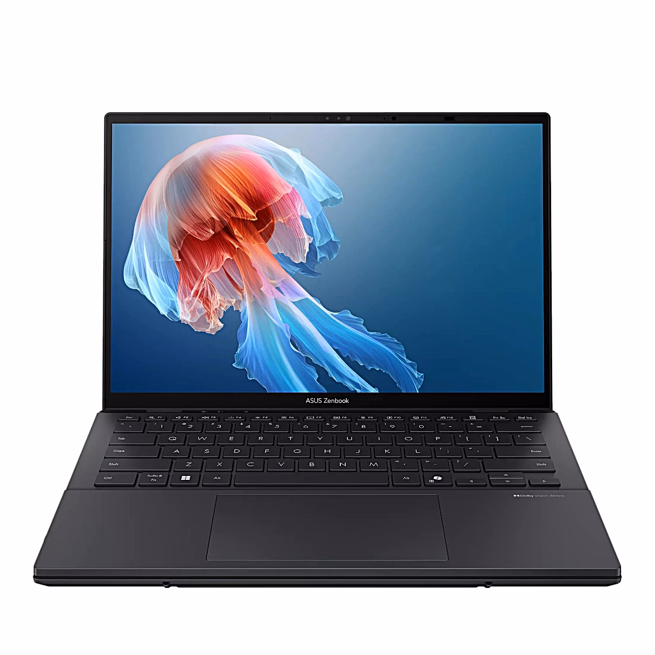 Hall Asus Zenbook Duo UX8406CA sülearvuti avatud ekraani ja klaviatuuriga eestvaates