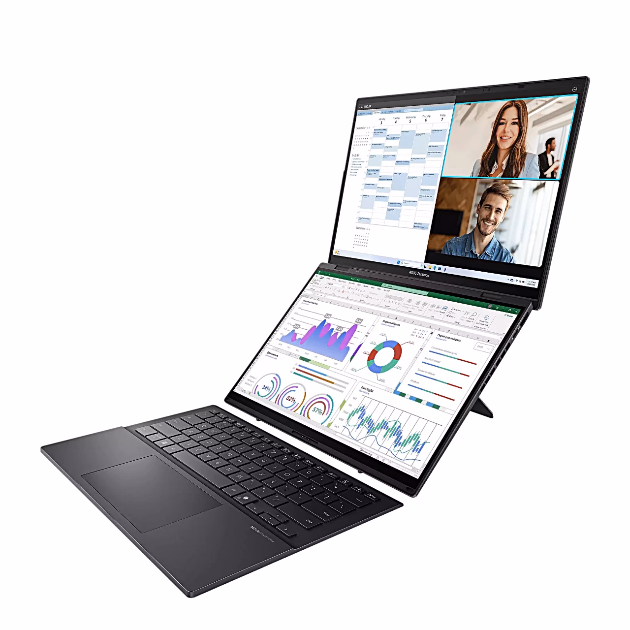 Asus Zenbook Duo UX8406CA tagatoel püstiseisvad ekraanid ja klaviatuur