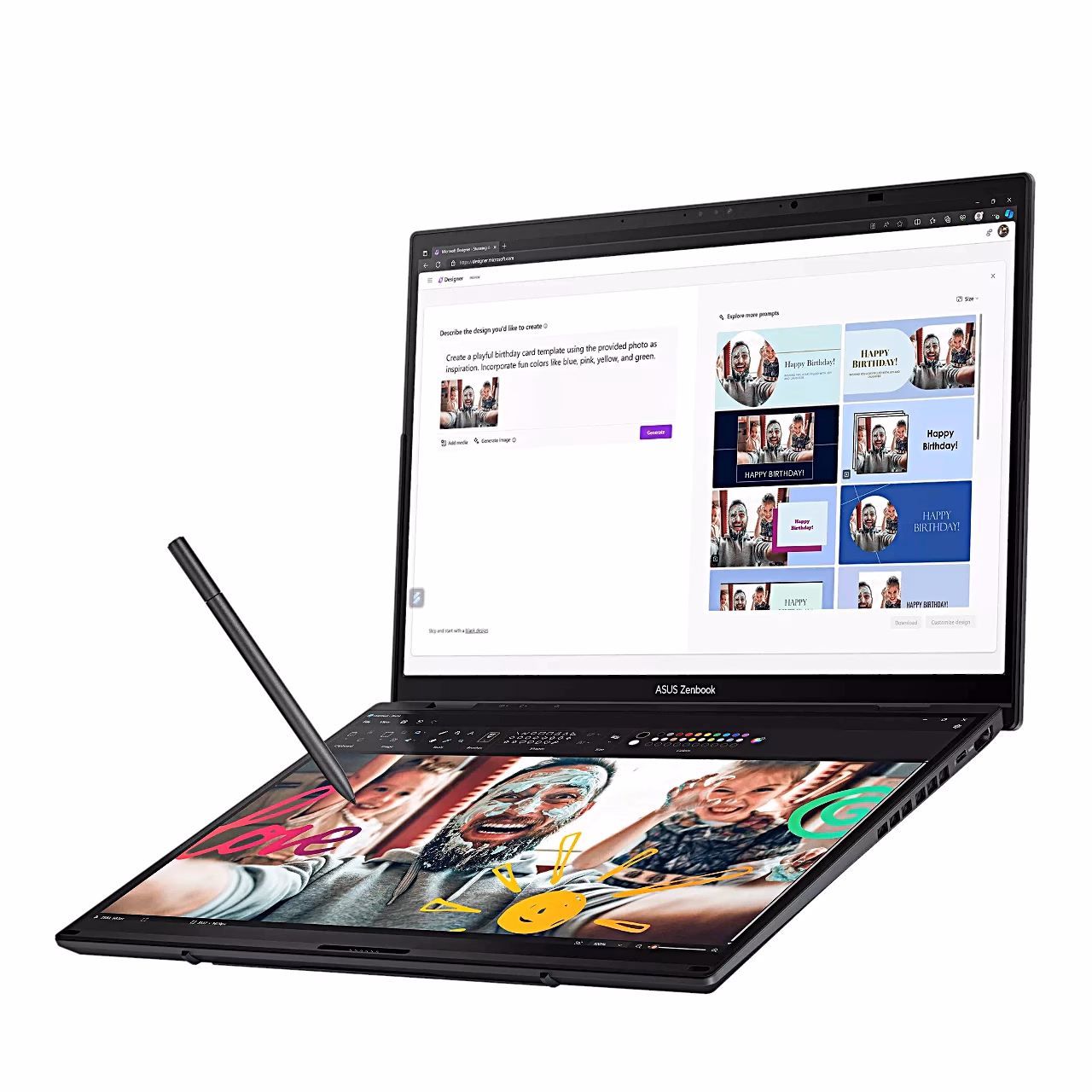 Zenbook Duo UX8406CA alumisel ekraanil puutepliiatsiga joonistamine