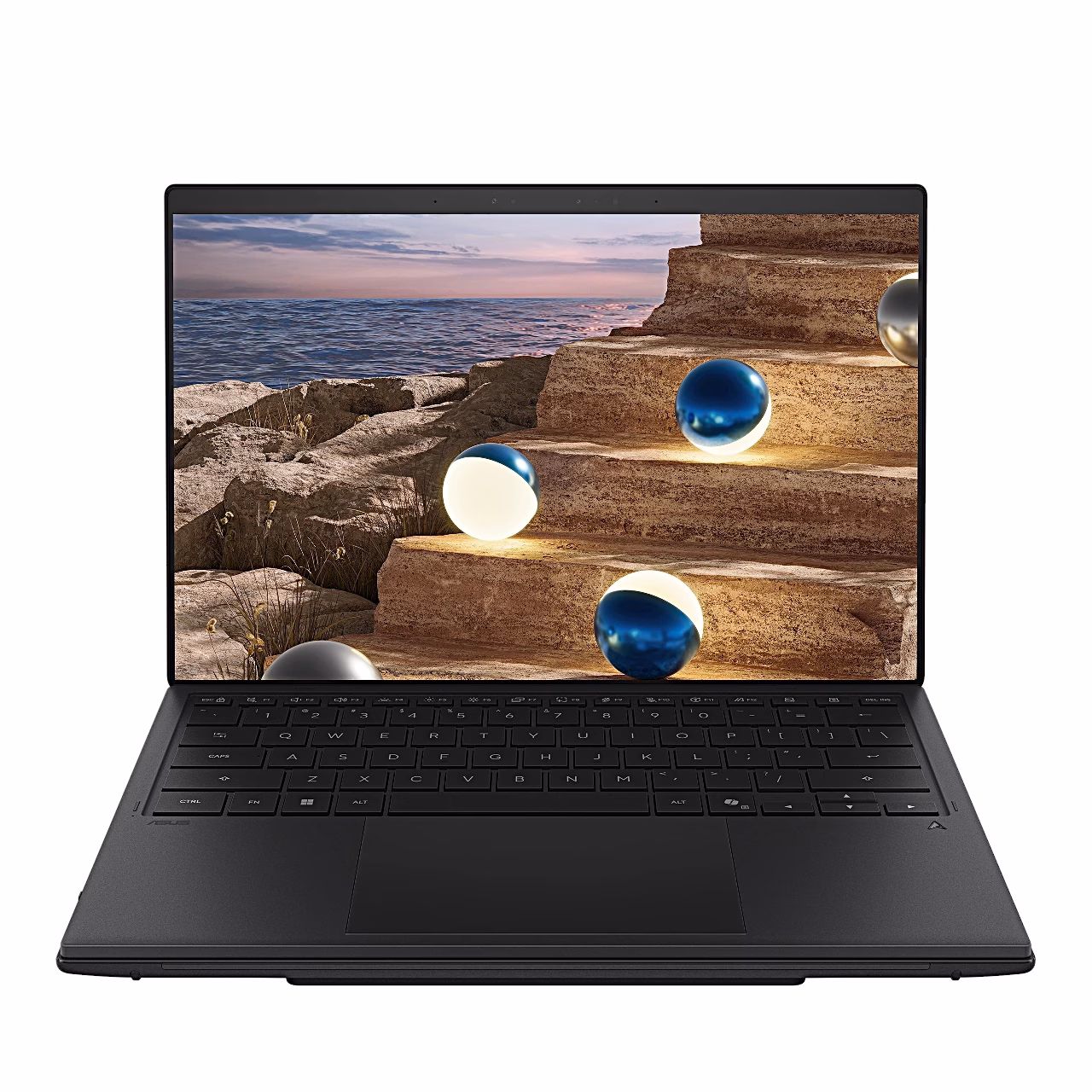 Hall Asus Zenbook Duo UX8407AA sülearvuti avatud ekraani ja klaviatuuriga eestvaates