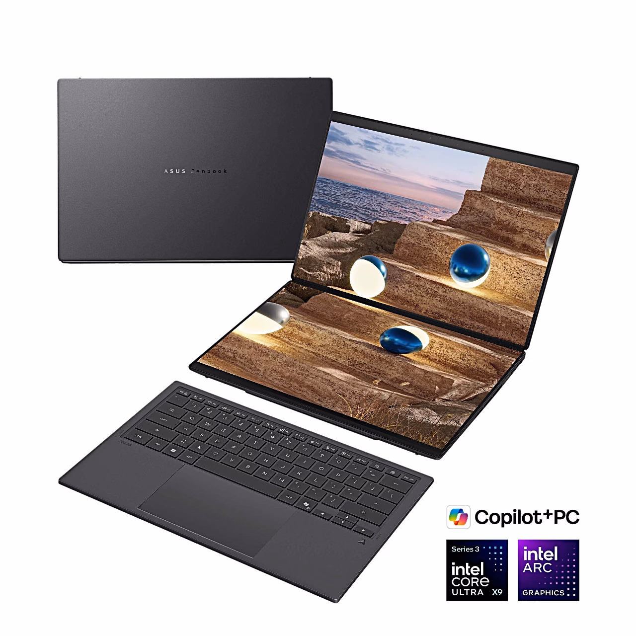 Zenbook Duo UX8407AA kaane, kahe ekraani ja eraldi klaviatuuri vaade