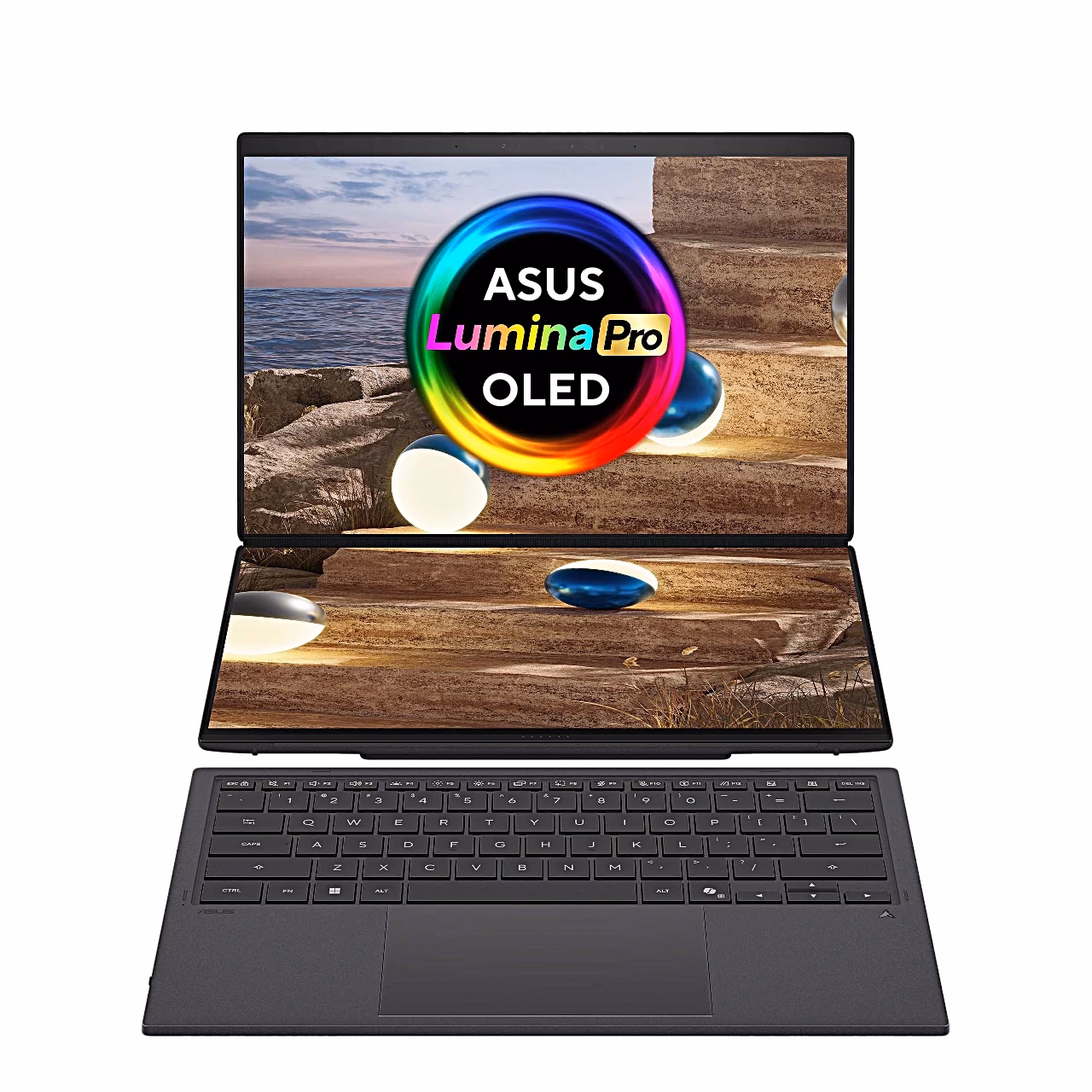 Asus Zenbook Duo kaks OLED-ekraani üksteise kohal, klaviatuur ekraanide ees