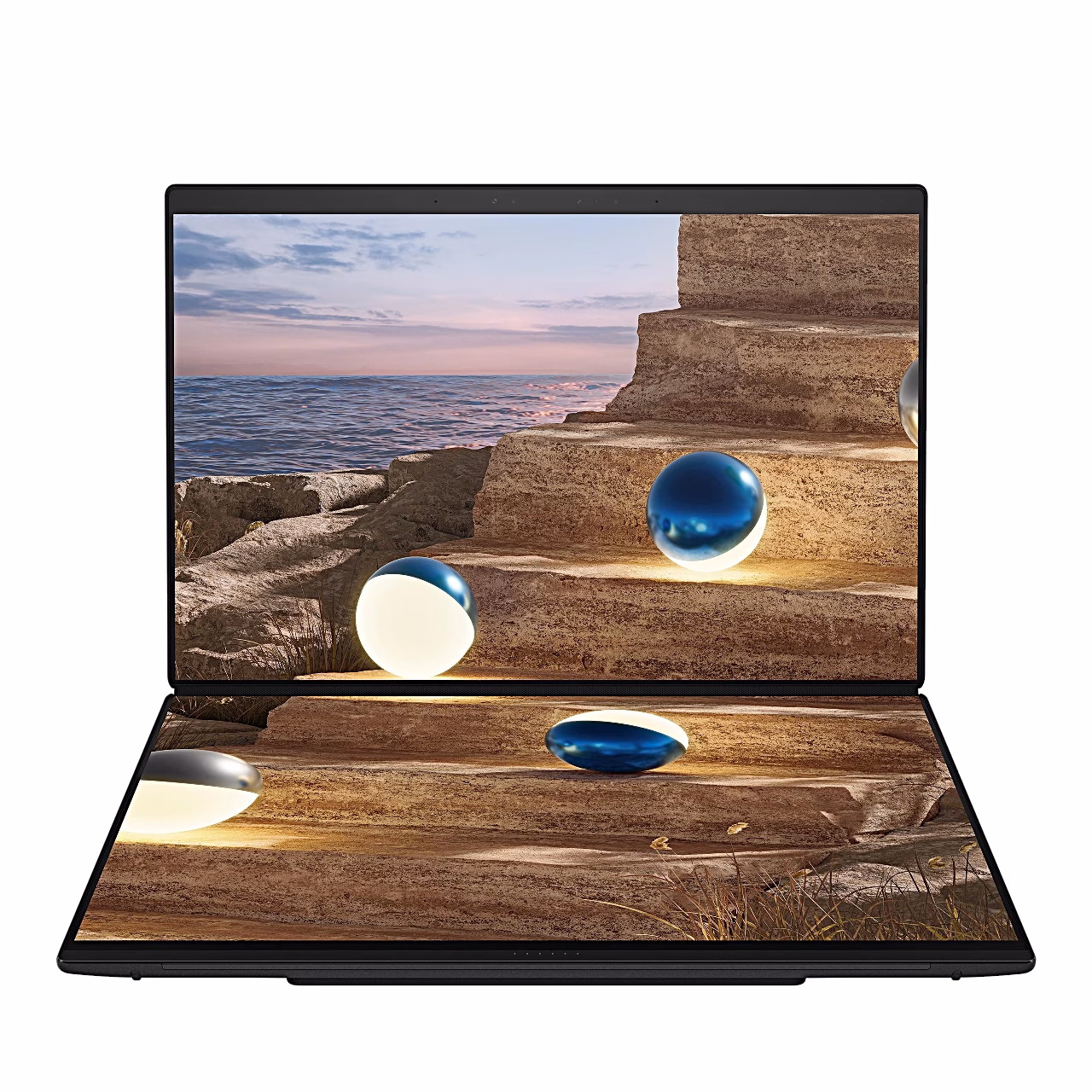 Asus Zenbook Duo UX8407AA kaks avatud ekraani ilma klaviatuurita eestvaates