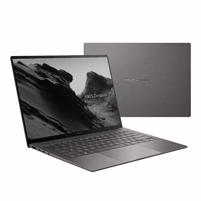 Kaasaskantav arvuti ASUS Zenbook S14 UX5406AA avatult, hall kaas logoga tagaplaanil