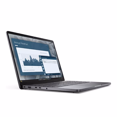 Dell Pro 14 PC14255 vasakult nurga alt, külgmised pordid ja avatud ekraan