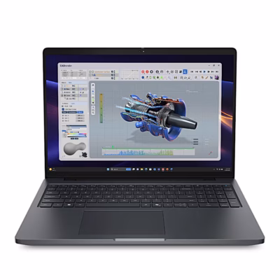Dell Pro Precision 5 16 sülearvuti avatud kaanega eestvaates, ekraanil 3D-mudel