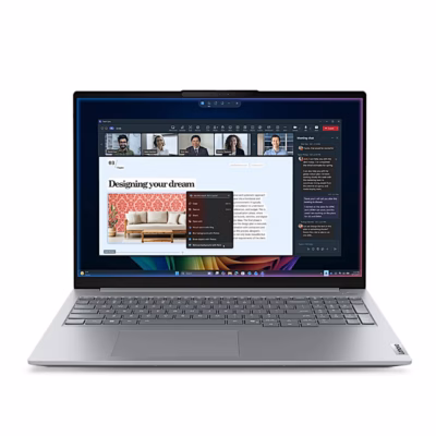 Sülearvuti Lenovo ThinkBook 16 G9 IPL eestvaates, ekraanil videokõne aken