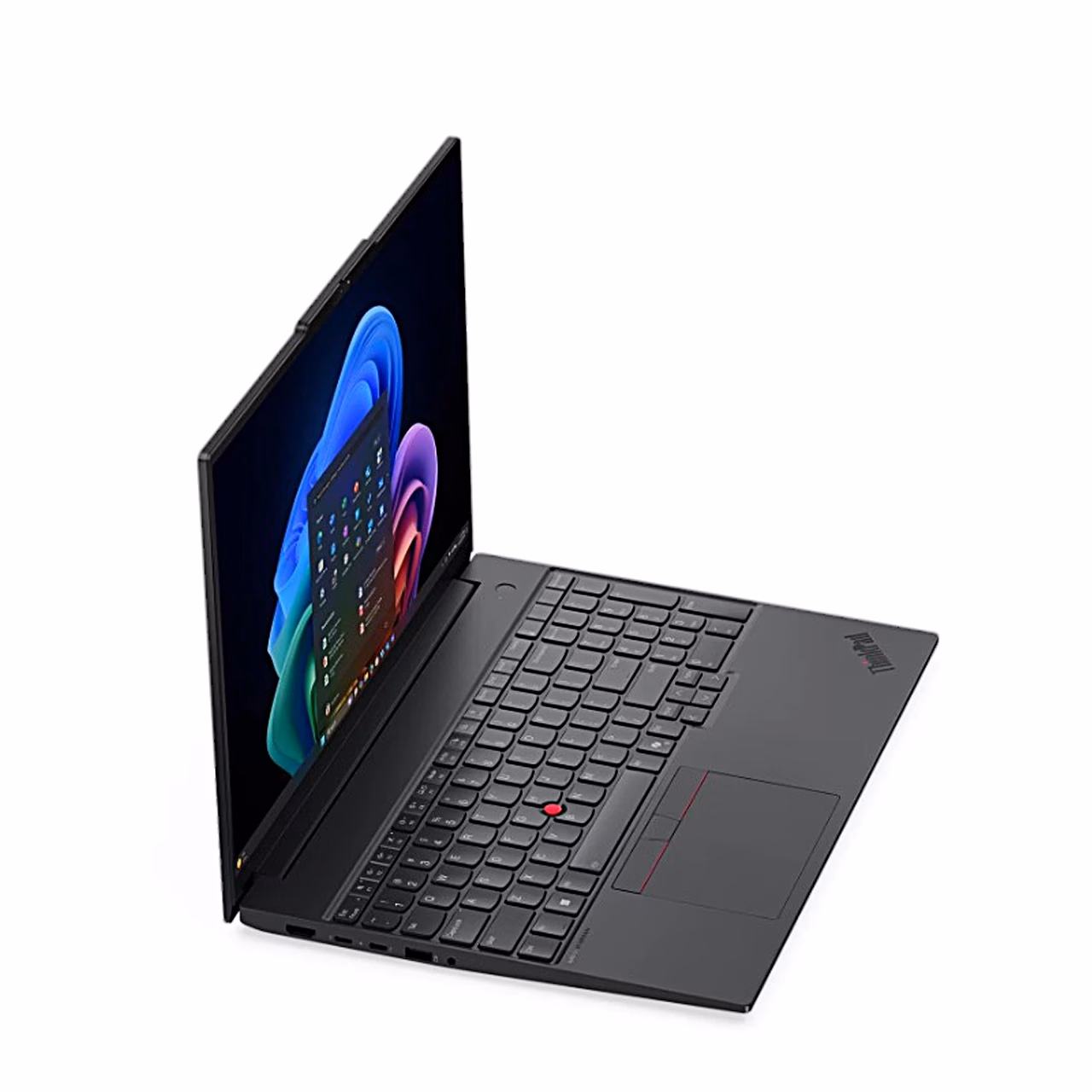 ThinkPad E16 Gen 4 sülearvuti vasakult nurga alt, klaviatuur ja puuteplaat