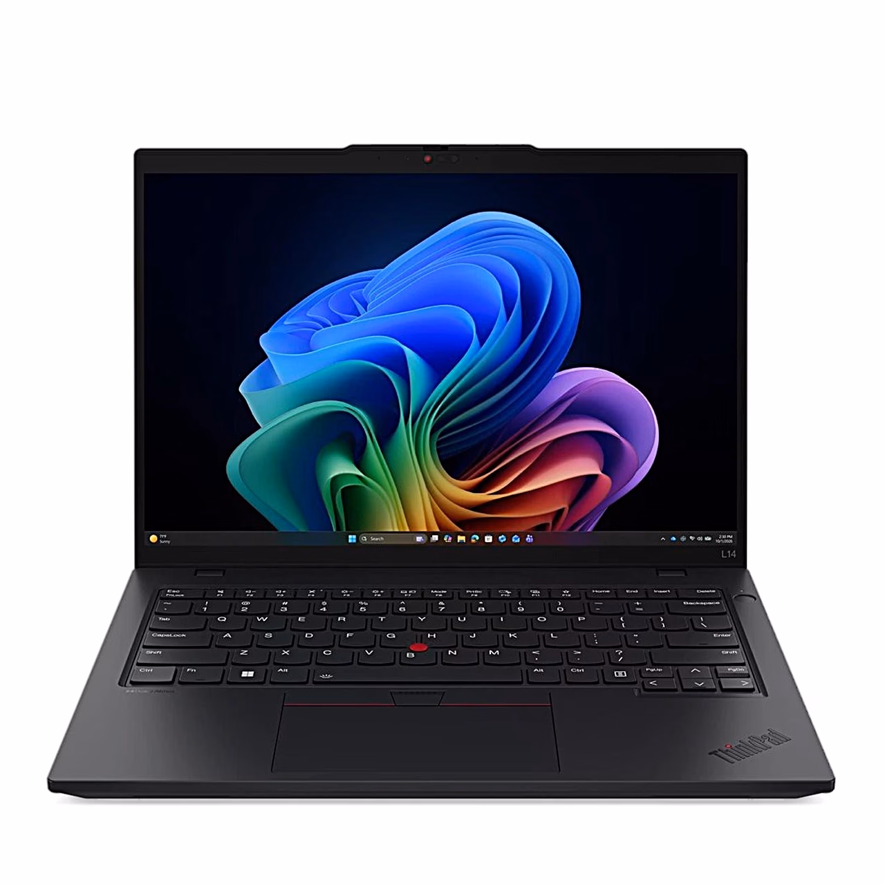 Musta Lenovo ThinkPad L14 Gen 7 avatud ekraan ja klaviatuur otse eest