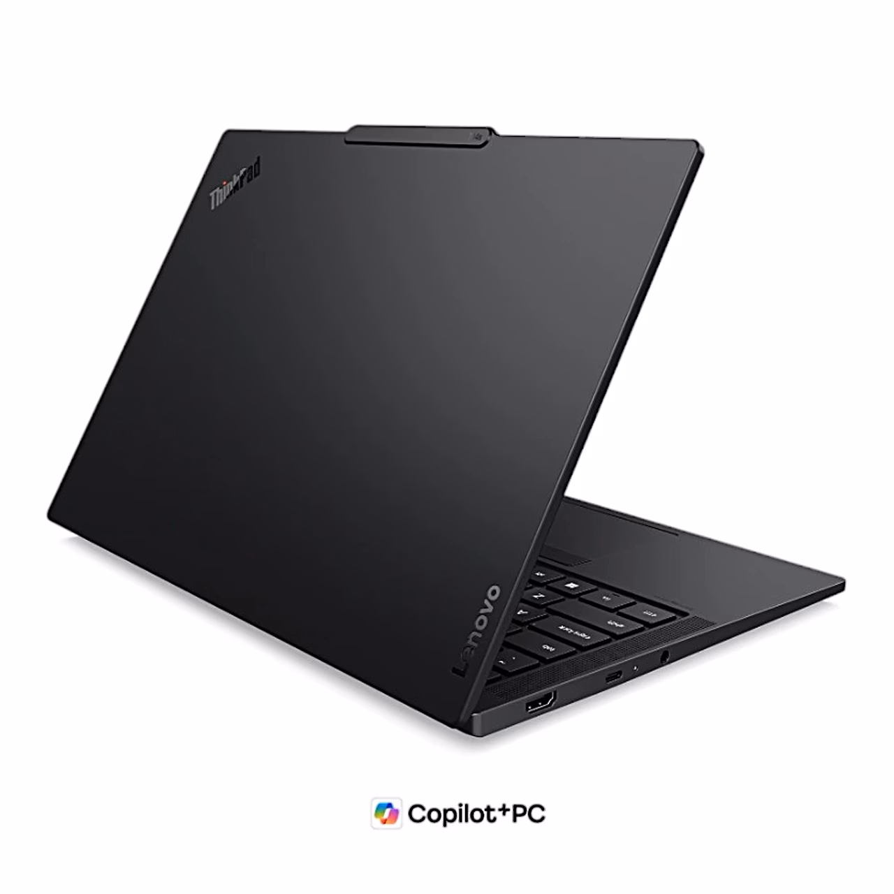 Lenovo ThinkPad T14s Gen 7 sülearvuti tagantvaates poolavatud musta kaanega