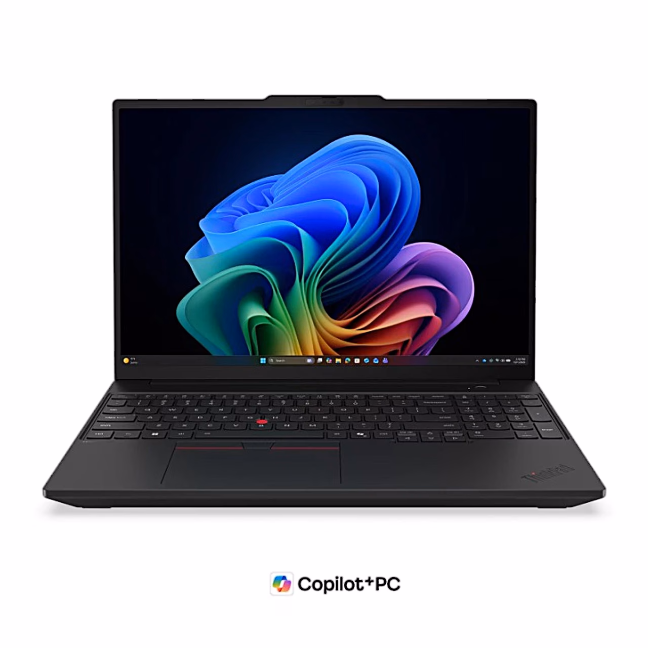 Avatud sülearvuti Lenovo ThinkPad T16 Gen 5 otse eest, must korpus ja klaviatuur