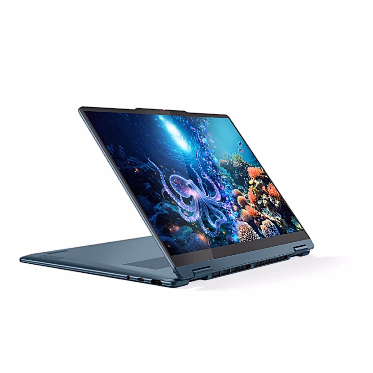 Lenovo Yoga 7 2-in-1 14AKP10 alusasendis eestvaates, OLED-ekraan püsti