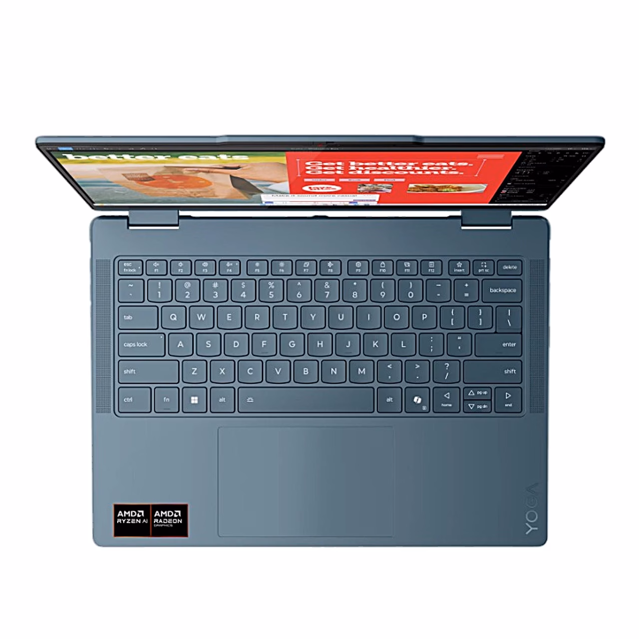 Avatud Lenovo Yoga 7 2-in-1 14AKP10 otse ülalt, nähtaval ingliskeelne klaviatuur