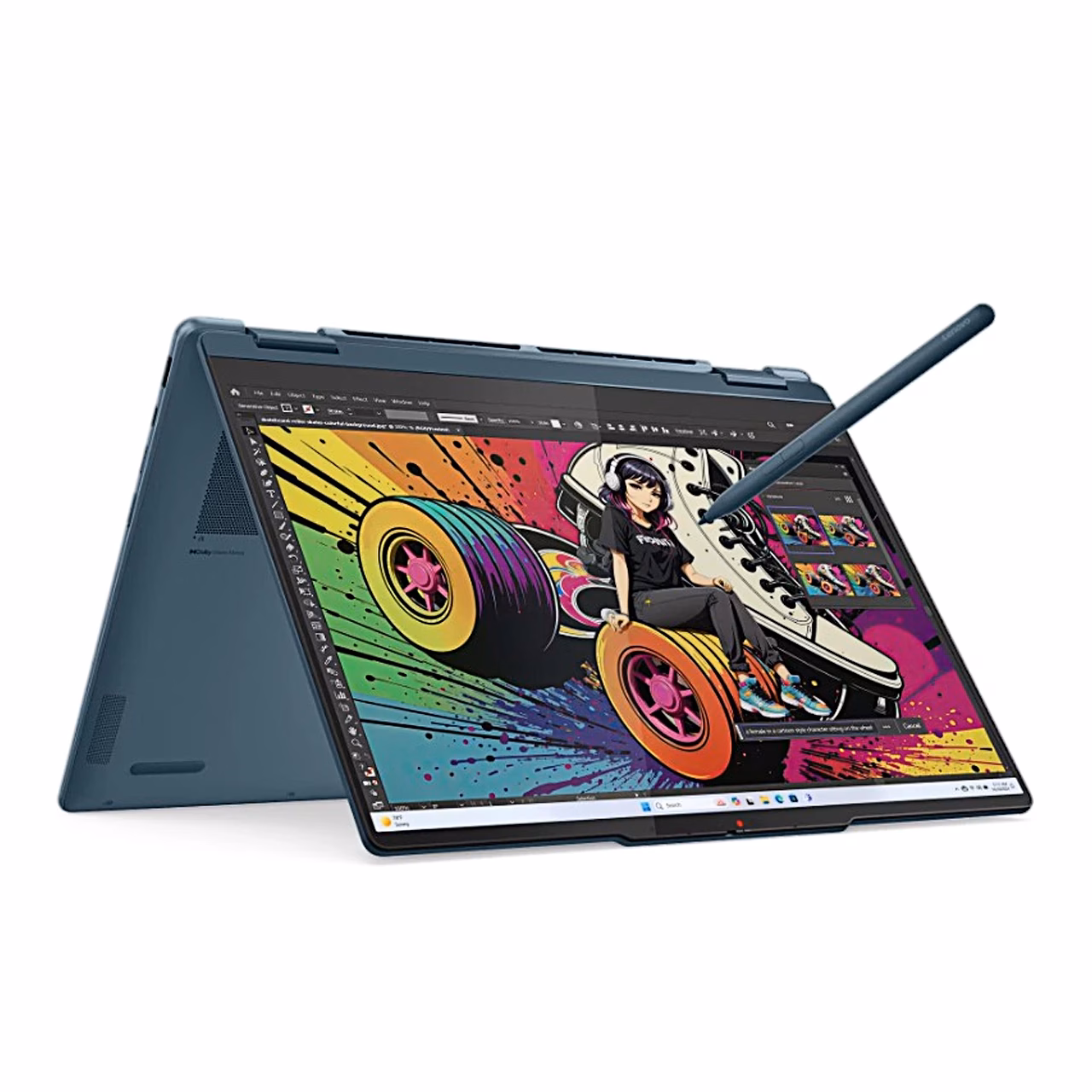 Sülearvuti Lenovo Yoga 7 2-in-1 14AKP10 telgiasendis, ekraanil värviline joonistus