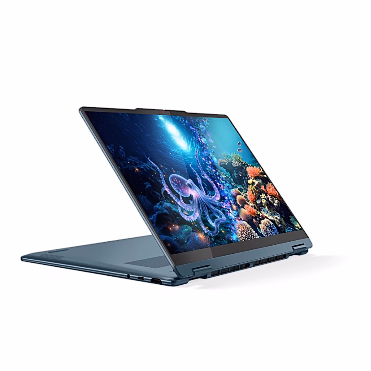 Lenovo Yoga 7 2-in-1 14AKP10 alusasendis eestvaates, OLED-ekraan püsti