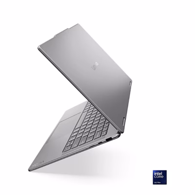Pooleldi avatud hall Lenovo Yoga 7 2-in-1 14ILL10 küljelt, nähtaval klaviatuur ja kaas