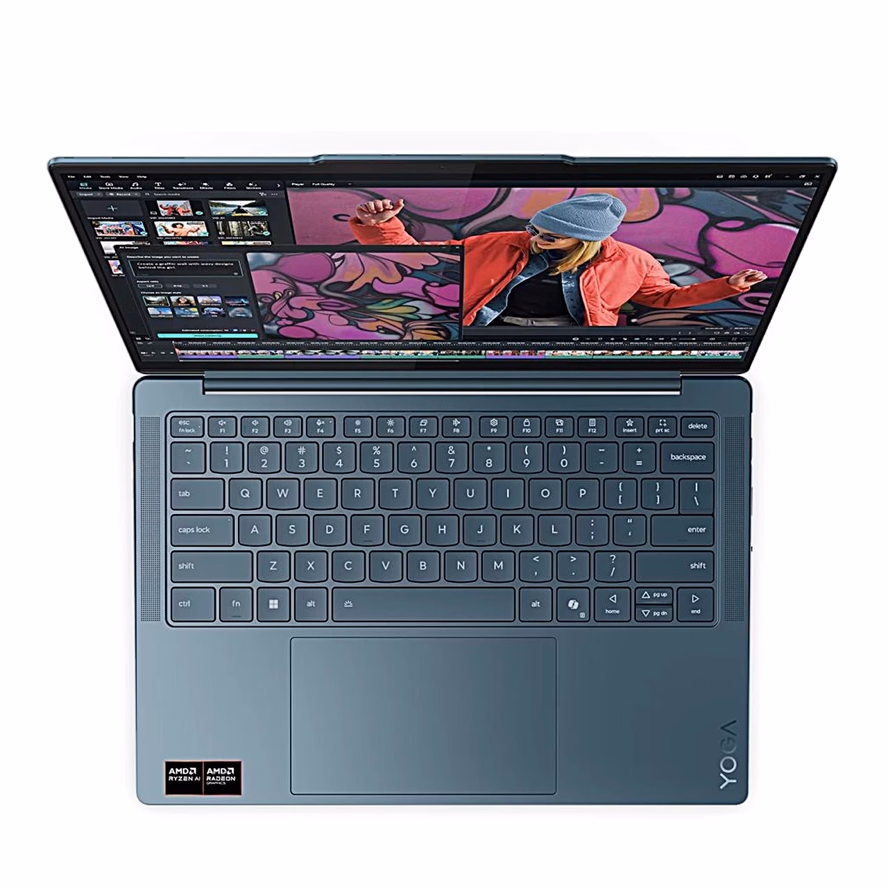 Avatud Lenovo Yoga Slim 7 14AKP10 otse ülalt, ingliskeelne klaviatuur