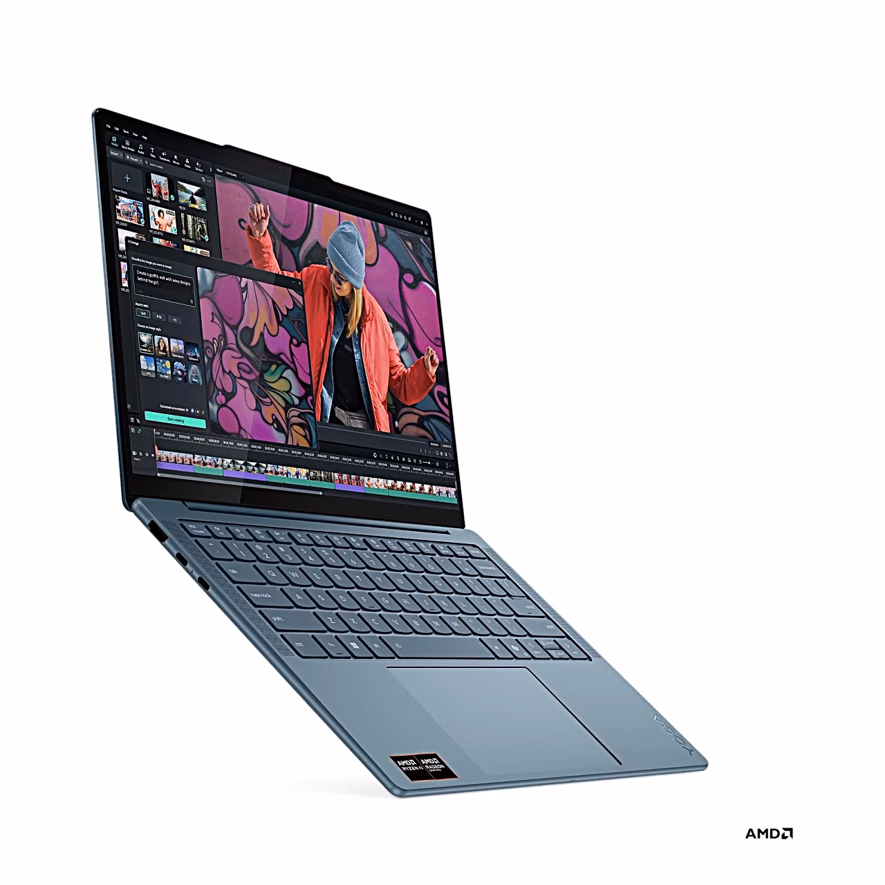Kallutatud Lenovo Yoga Slim 7 14AKP10 vasakult, avatud ekraaniga