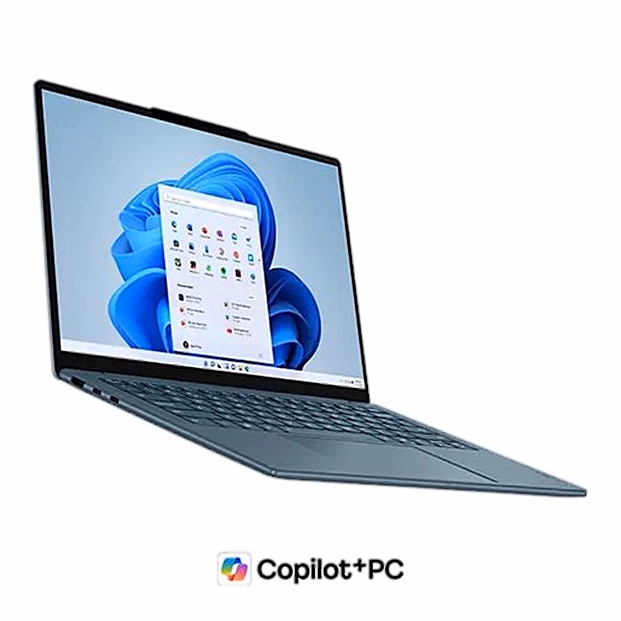 Lenovo Yoga Slim 7 14AKP10 vasakult eest, ekraanil Windows 11 menüü