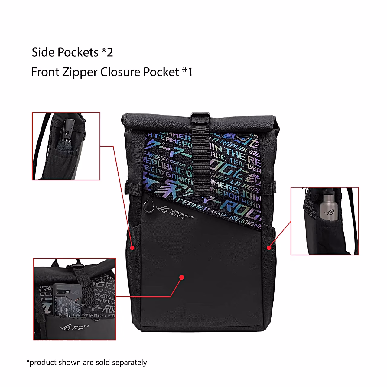 Asus ROG BP4701 seljakoti kaks külgtaskut ja lukuga esitasku lähivaates