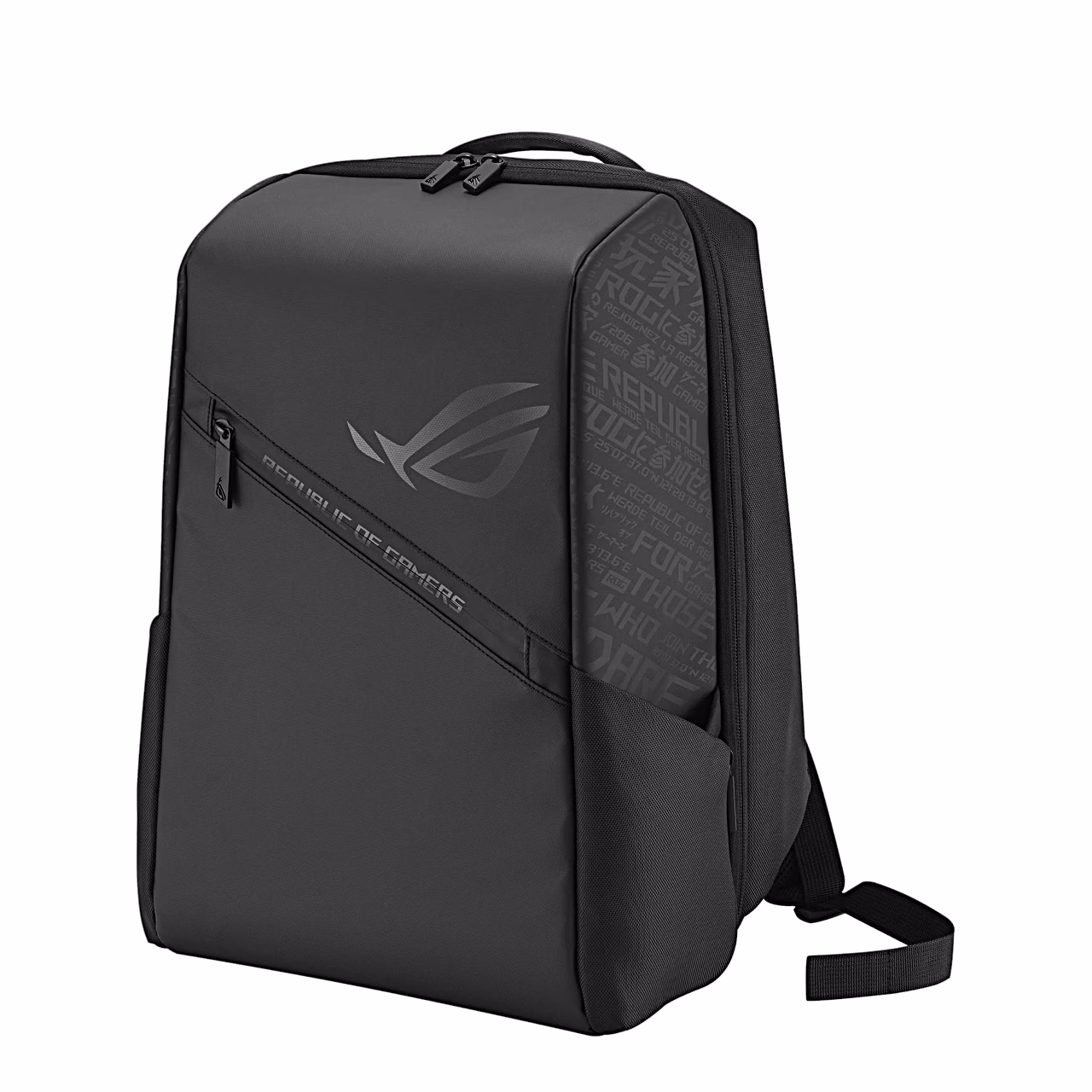 Must Asus ROG Ranger BP2501 sülearvuti seljakott, esiküljel ROG-logo