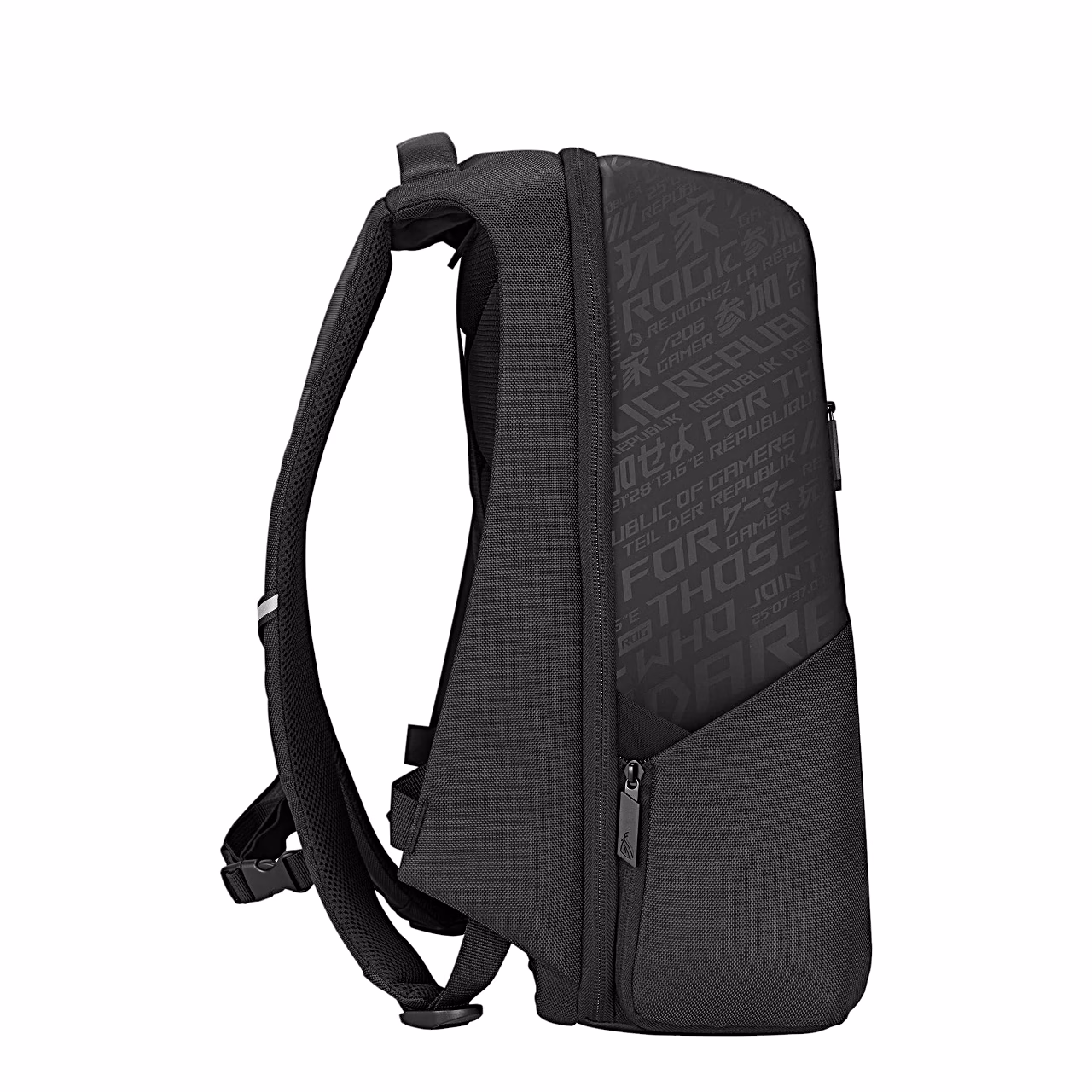 Asus ROG Ranger BP2501 seljakott küljelt, ROG-mustriga külgpaneel