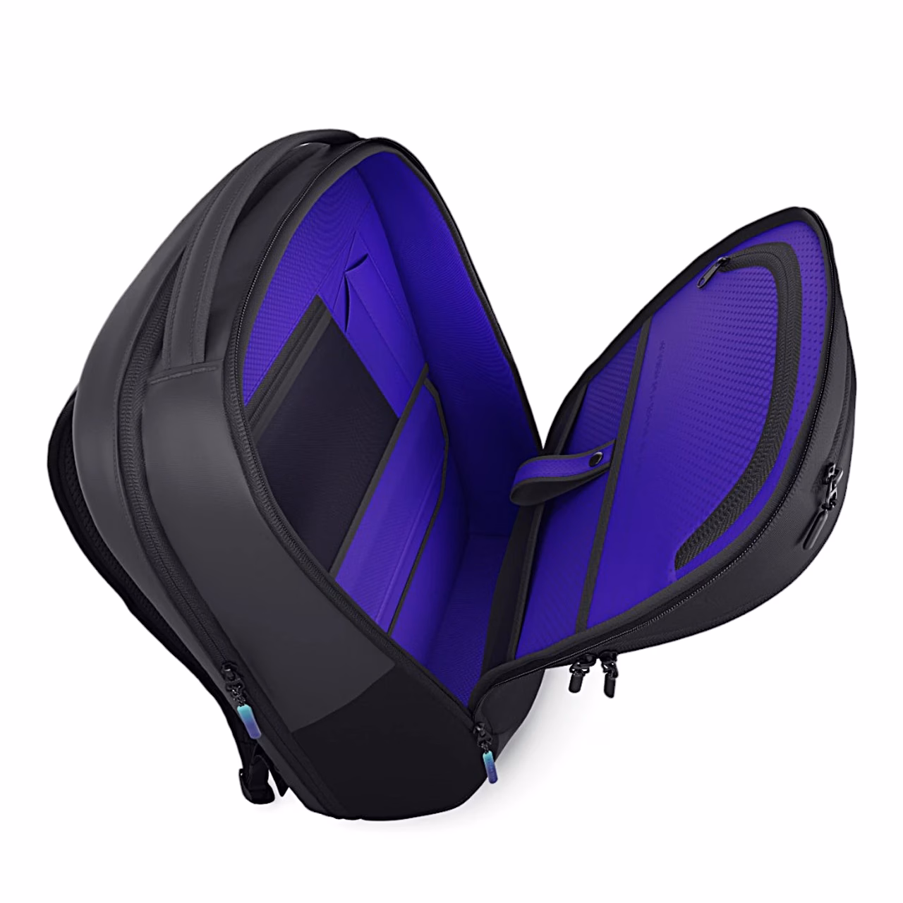 Avatud Alienware AW7825P arvutikott, lilla vooder ja sülearvutitasku