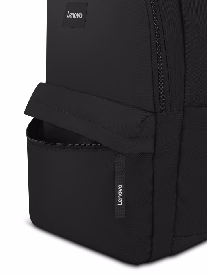 Lenovo Commuter Backpack B10 külgtasku ja Lenovo logoga rihm lähivaates
