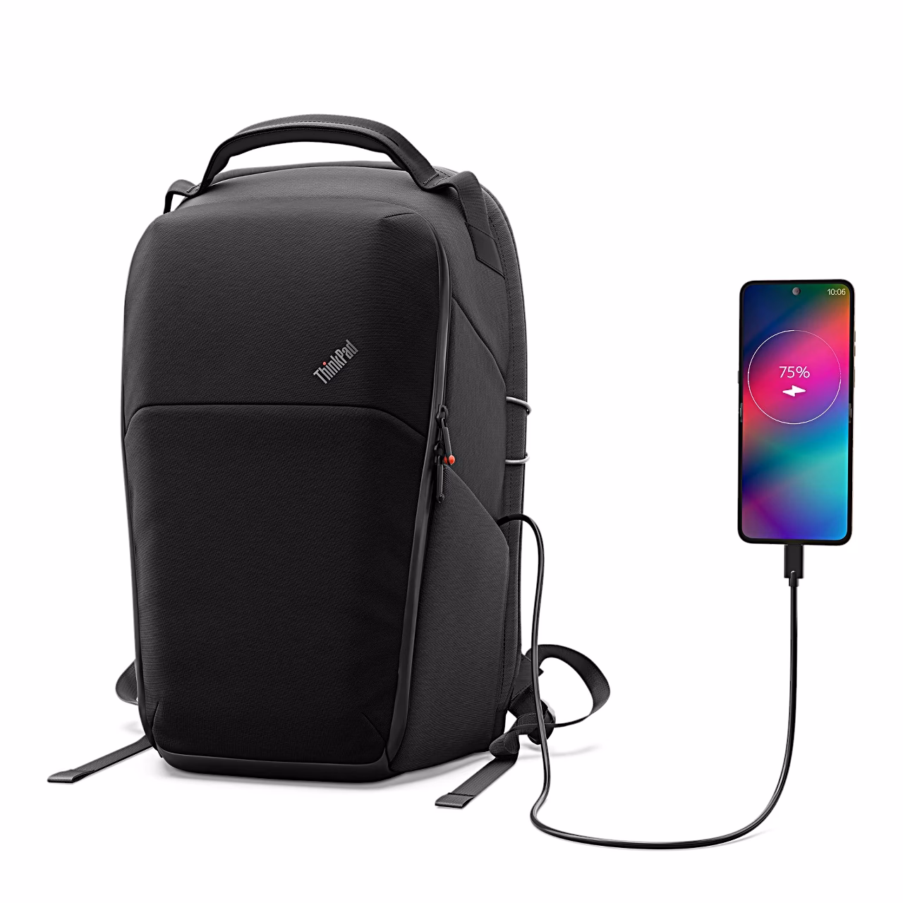 Nutitelefon laadimisjuhtmega Lenovo ThinkPad Click-Go Aura Edition seljakoti küljel