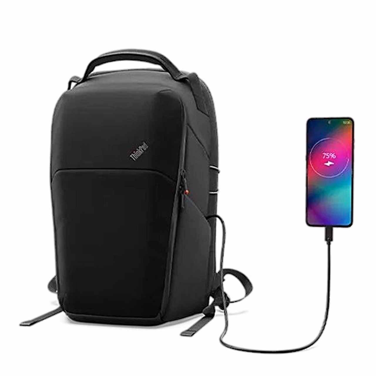 Nutitelefon laadimisjuhtmega Lenovo ThinkPad Click-Go Aura Edition seljakoti küljel