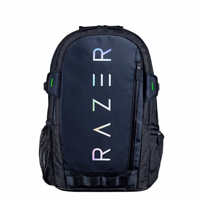 Must sülearvuti seljakott Razer Rogue V3 eestvaates kirjaga RAZER