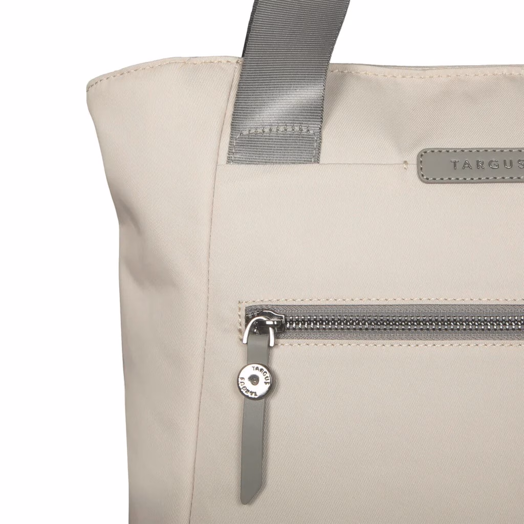 Targus Avila Convertible Tote esitasku tõmblukk ja logosilt lähivaates