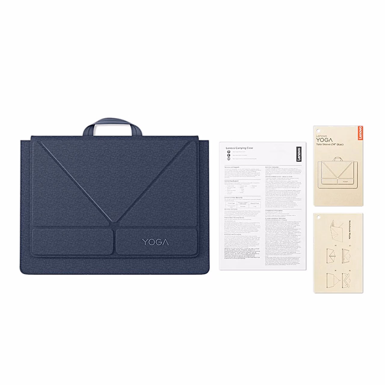 Sinine Lenovo Yoga Tote Sleeve ümbris koos kasutusjuhendi ja infolehtedega