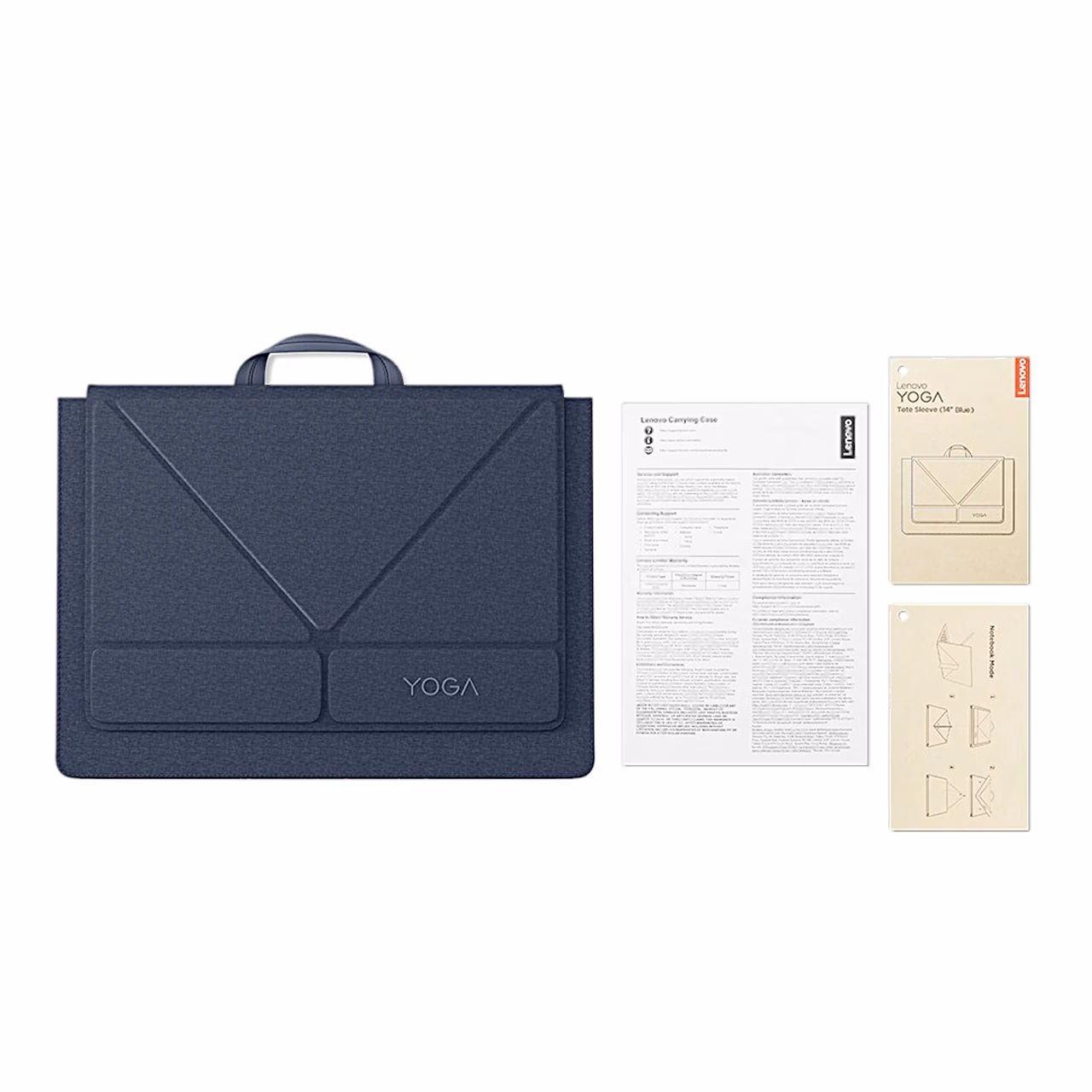 Sinine Lenovo Yoga Tote Sleeve ümbris koos kasutusjuhendi ja infolehtedega
