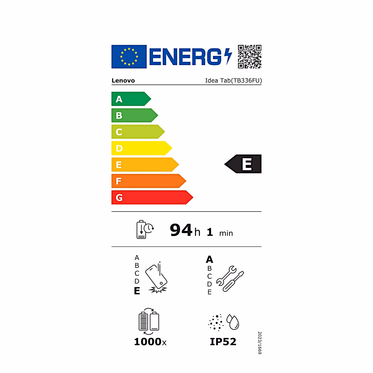 Lenovo Idea Tab TB336FU energiamärgis energiatõhususe klassiga E ja kaitseastmega IP52