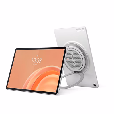 Valge tahvelarvuti Lenovo Tab Plus Gen 2 rõngastoel viltu eestvaates