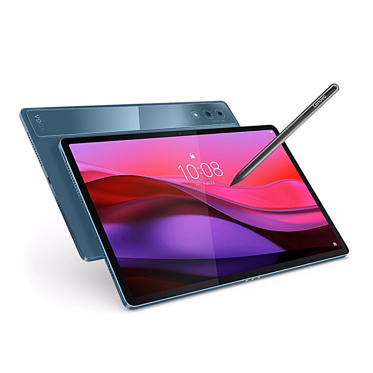 Sinakasroheline Yoga Tab Plus tahvel eest ja tagant koos puutepliiatsiga