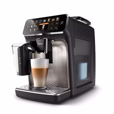 Täisautomaatne espressomasin Philips EP5447/90 LatteGo piimanõu ja lattetassiga, vaade küljelt