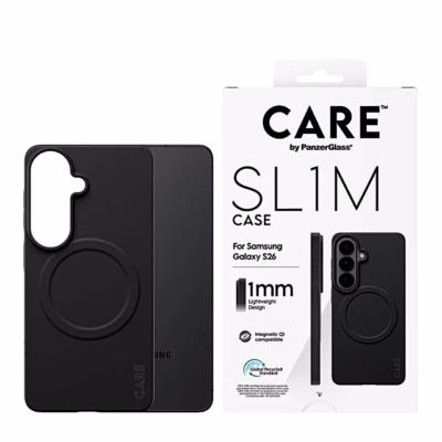 Must telefoniümbris CARE SL1M Samsung Galaxy S26 telefoni ja pakendi kõrval