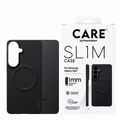 Must telefoniümbris CARE SL1M Samsung Galaxy S26+ telefoni ja pakendi kõrval