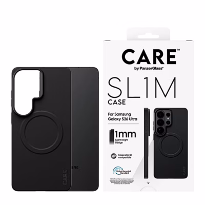 Must telefoniümbris CARE SL1M Samsung Galaxy S26 Ultra telefoni ja pakendi kõrval