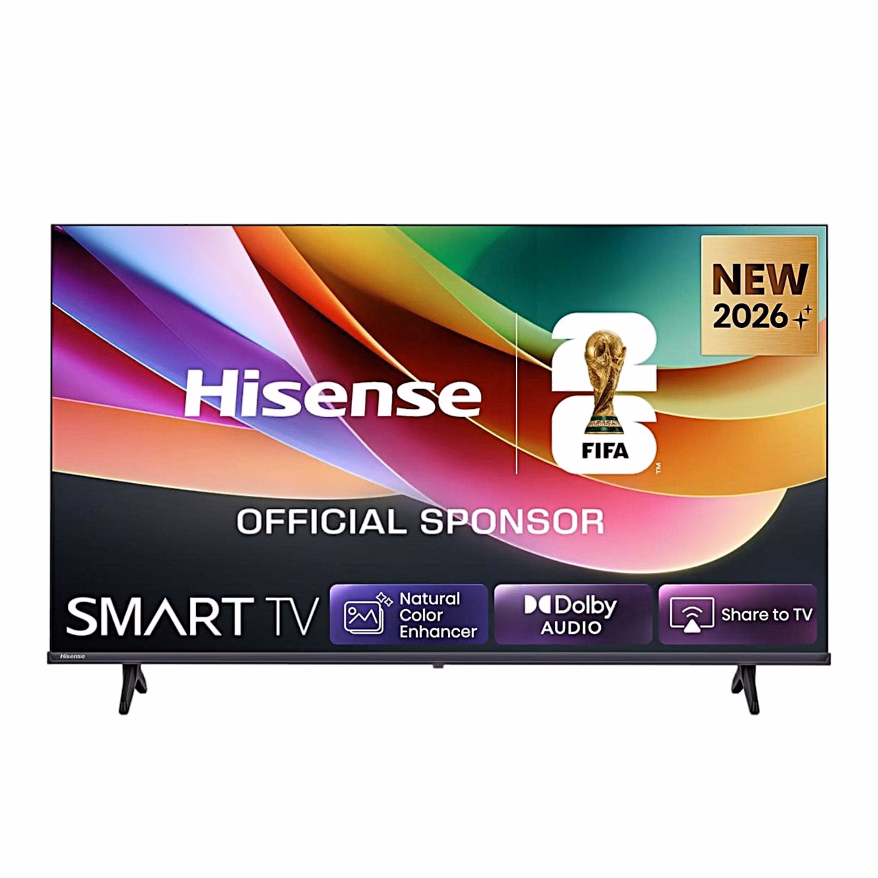 Teler Hisense 32A4S eestvaates jalgadel, ekraanil Smart TV logod