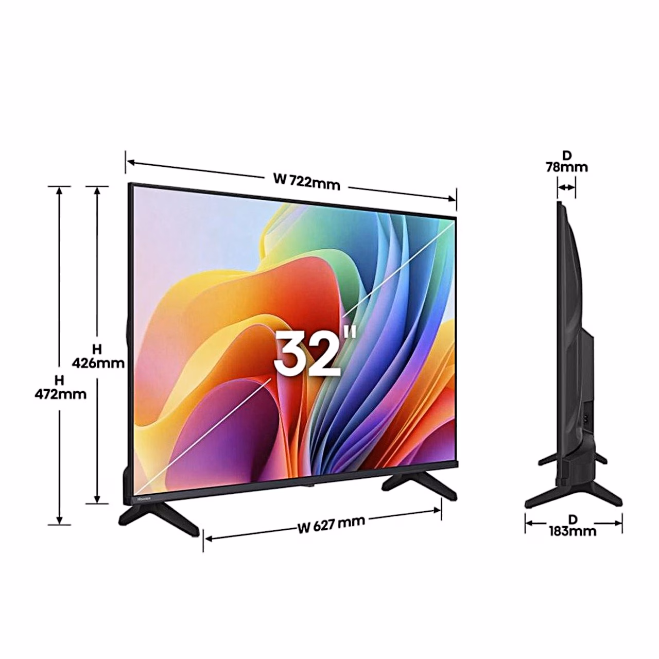 Mõõtjoonis: teler Hisense 32A4S, laius 72,2 cm, kõrgus jalgadega 47,2 cm