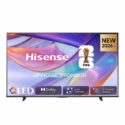 Teler Hisense 55E7S eestvaates, ekraanil QLED, Dolby ja FIFA sponsori kujundus