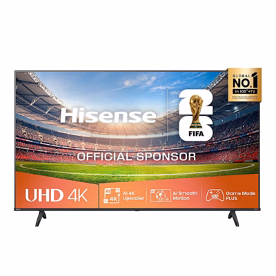 Teler Hisense 75A6Q eestvaates, ekraanil UHD 4K ja FIFA sponsori kujundus