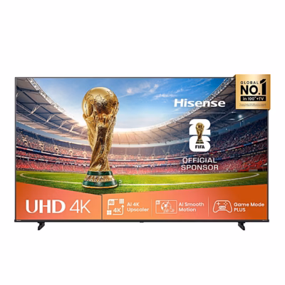 Hisense 85A6Q teler eestvaates jalgadel, ekraanil jalgpallistaadion