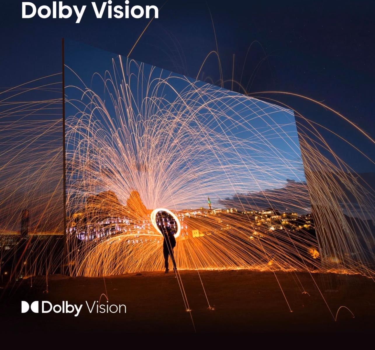 Dolby Vision tähis ja sädemetega öine pilt Hisense teleri ekraanil