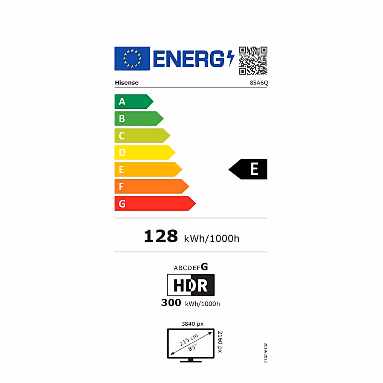 Hisense 85A6Q teleri energiamärgis klassiga E ja HDR-klassiga G
