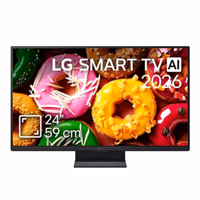 Teler LG 24LB70003LA eestvaates, ekraanil LG Smart TV AI 2026 kujundus