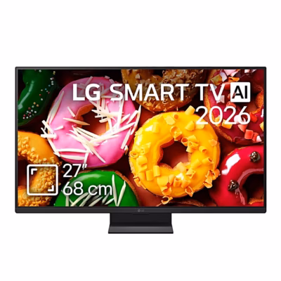 Teler LG 27LB70003LA eestvaates, ekraanil LG Smart TV AI 2026 kujundus